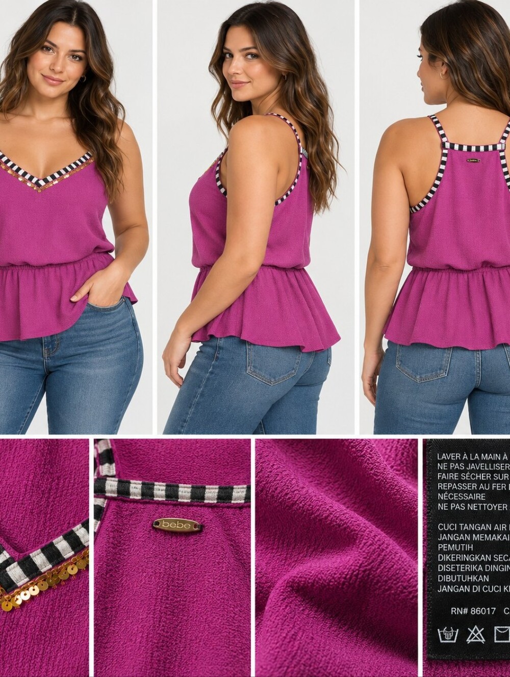 Bebe Purple Beaded V-Neck Peplum Camisole Size XL